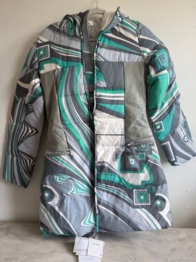 Emilio Pucci Gray, Teal and White Graphic Zip Coat size 40